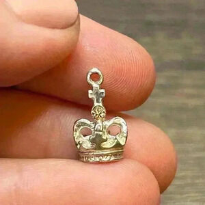 Small Silver Tone Royal Crown with Little Light Pink Crystal Pendant/Charm